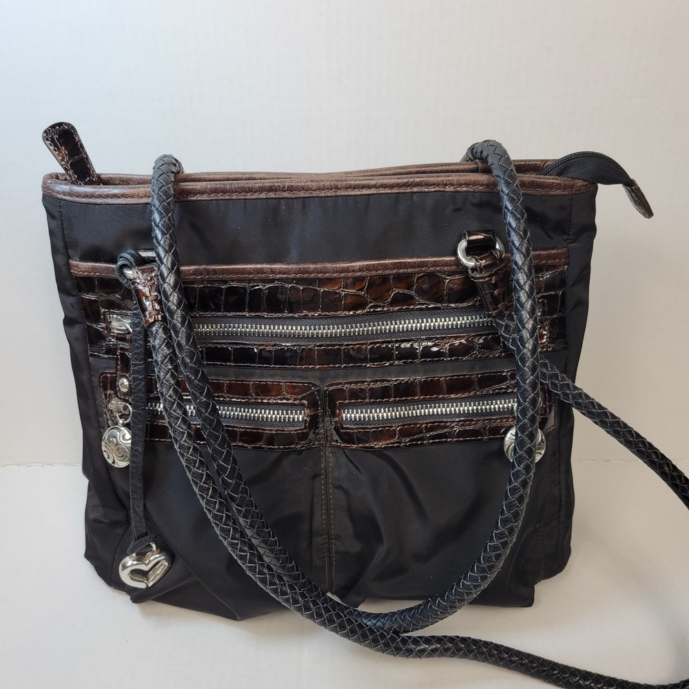 BRIGHTON Black Nylon Shoulder Bag Brown Croc Leather Trim Organizer Purse Charm